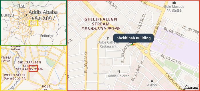 Map showing the address of Shekhinah Building in three different zoom levels.