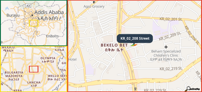 Map showing the address of KR_02_208 Street in three different zoom levels.