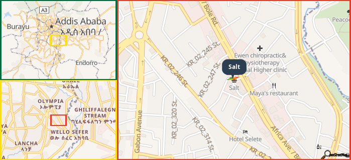 Map showing the address of Salt in three different zoom levels.