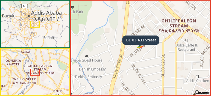 Map showing the address of BL_03_633 Street in three different zoom levels.