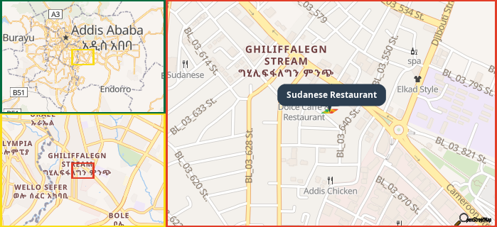 Map showing the address of Sudanese Restaurant in three different zoom levels.