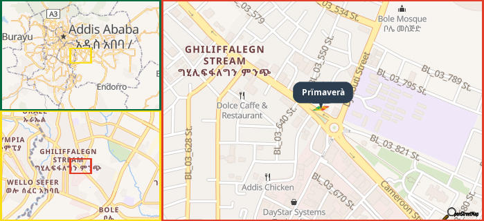 Map showing the address of Prïmaverà in three different zoom levels.