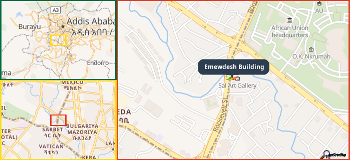 Map showing the address of Emewdesh Building in three different zoom levels.