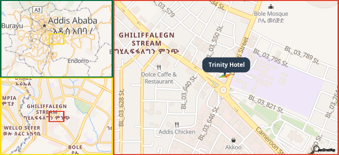 Map showing the address of Trinity Hotel in three different zoom levels.