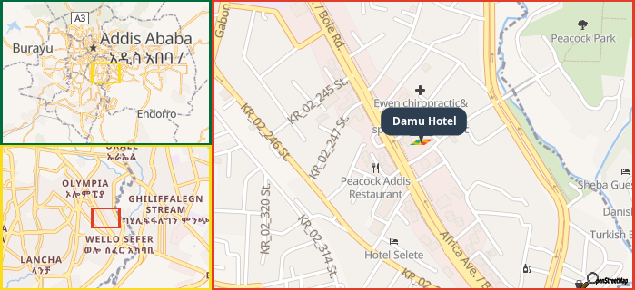 Map showing the address of Damu Hotel in three different zoom levels.