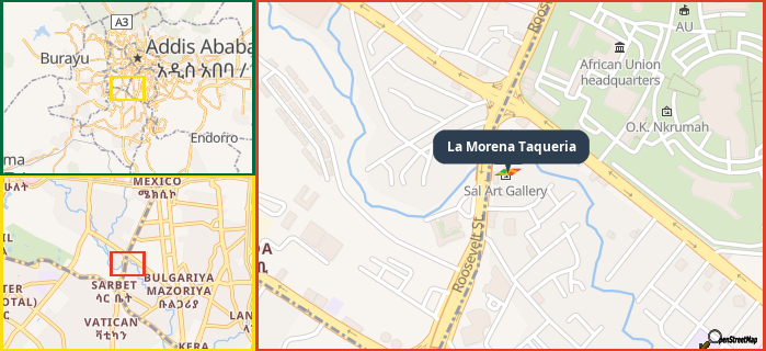 Map showing the address of La Morena Taqueria in three different zoom levels.