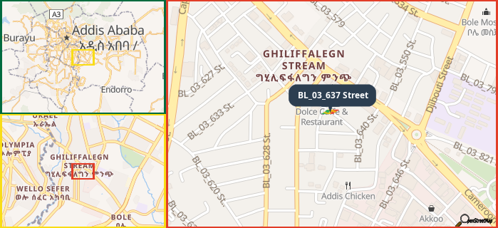 Map showing the address of BL_03_637 Street in three different zoom levels.