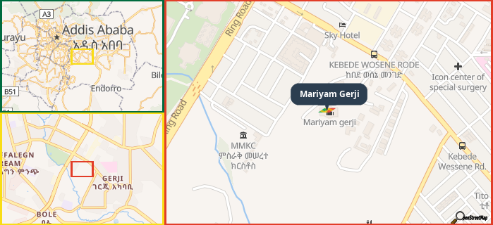 Map showing the address of Mariyam Gerji in three different zoom levels.