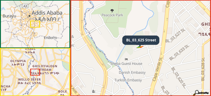 Map showing the address of BL_03_625 Street in three different zoom levels.