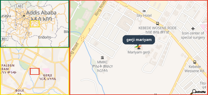 Map showing the address of gerji mariyam in three different zoom levels.