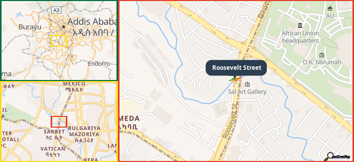 Map showing the address of Roosevelt Street in three different zoom levels.