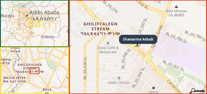 Map showing the address of Shawarma kebab in three different zoom levels.