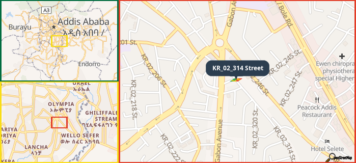 Map showing the address of KR_02_314 Street in three different zoom levels.