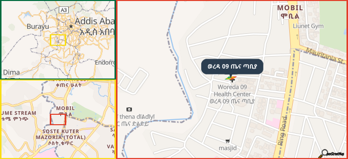 Map showing the address of ወረዳ 09 ጤና ጣቢያ in three different zoom levels.