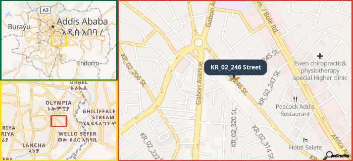 Map showing the address of KR_02_246 Street in three different zoom levels.