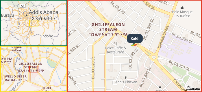 Map showing the address of Kaldi in three different zoom levels.