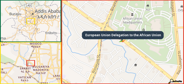 Map showing the address of European Union Delegation to the African Union in three different zoom levels.