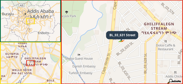 Map showing the address of BL_03_631 Street in three different zoom levels.