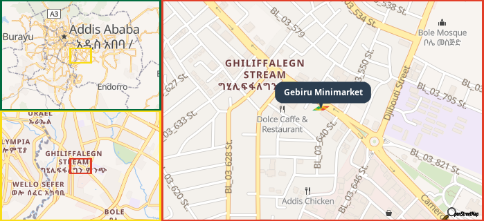 Map showing the address of Gebiru Minimarket in three different zoom levels.