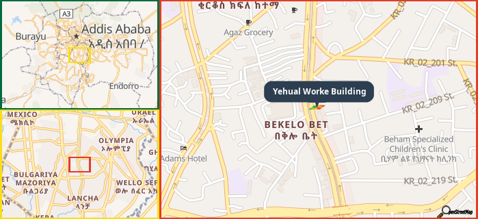 Map showing the address of Yehual Worke Building in three different zoom levels.