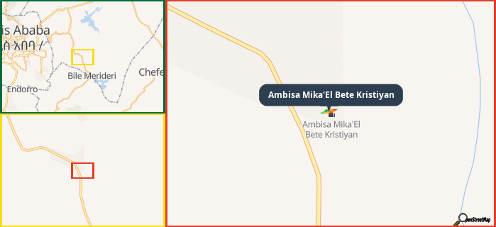 Map showing the address of Ambisa Mika'El Bete Kristiyan in three different zoom levels.