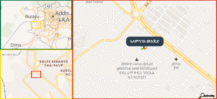 Map showing the address of አለምባንክ መስጂድ in three different zoom levels.