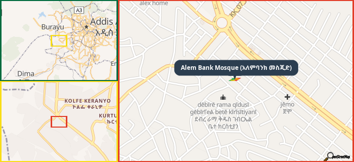 Map showing the address of Alem Bank Mosque (አለምባንክ መስጂድ) in three different zoom levels.