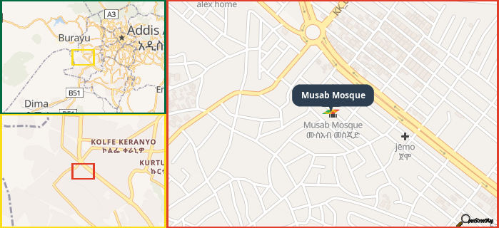 Map showing the address of Musab Mosque in three different zoom levels.