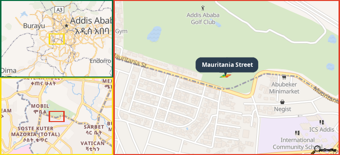 Map showing the address of Mauritania Street in three different zoom levels.