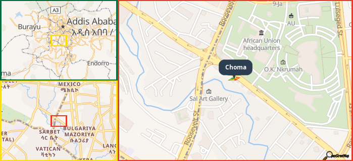 Map showing the address of Choma in three different zoom levels.