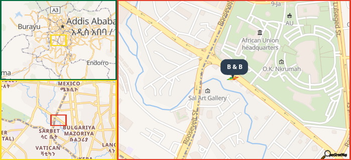 Map showing the address of B & B in three different zoom levels.