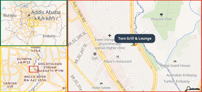 Map showing the address of Toro Grill & Lounge in three different zoom levels.