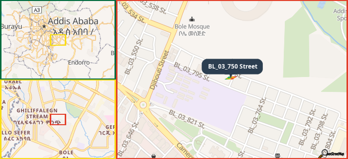 Map showing the address of BL_03_750 Street in three different zoom levels.