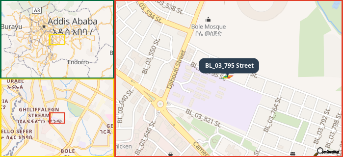 Map showing the address of BL_03_795 Street in three different zoom levels.