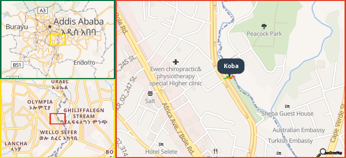Map showing the address of Koba in three different zoom levels.