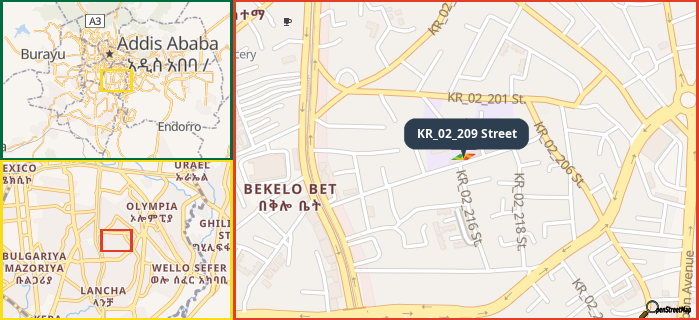 Map showing the address of KR_02_209 Street in three different zoom levels.