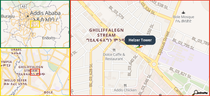 Map showing the address of Helzer Tower in three different zoom levels.