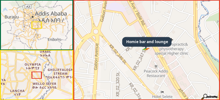 Map showing the address of Homie bar and lounge in three different zoom levels.