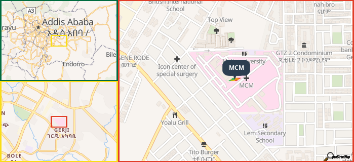 Map showing the address of MCM in three different zoom levels.