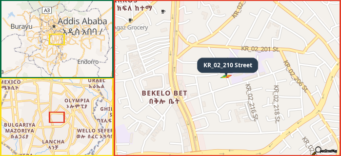 Map showing the address of KR_02_210 Street in three different zoom levels.