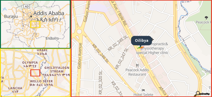 Map showing the address of Oilibya in three different zoom levels.