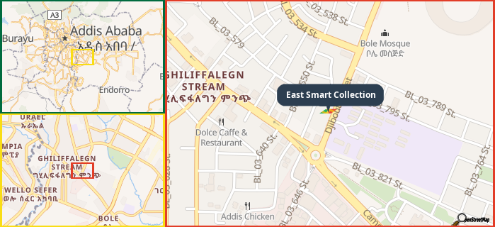 Map showing the address of East Smart Collection in three different zoom levels.