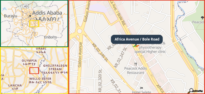 Map showing the address of Africa Avenue / Bole Road in three different zoom levels.