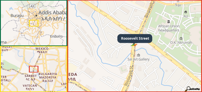 Map showing the address of Roosevelt Street in three different zoom levels.