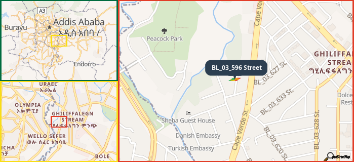 Map showing the address of BL_03_596 Street in three different zoom levels.