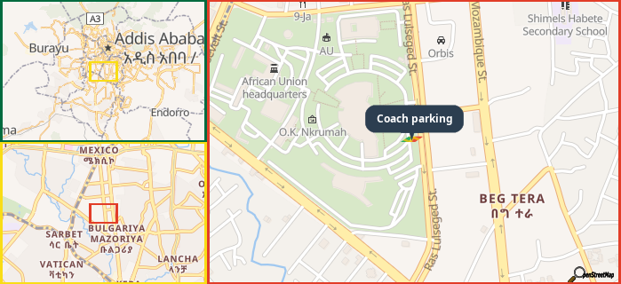 Map showing the address of Coach parking in three different zoom levels.