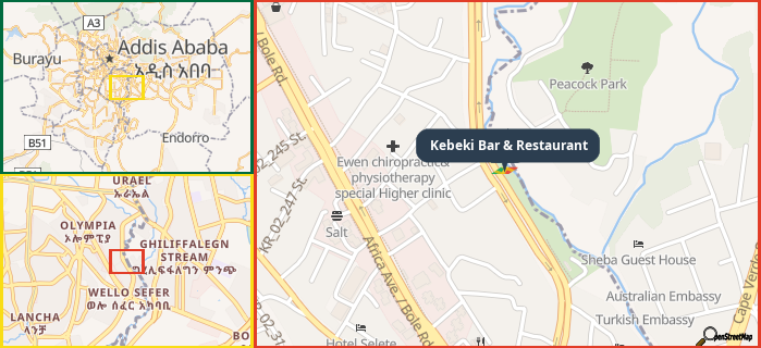 Map showing the address of Kebeki Bar & Restaurant in three different zoom levels.