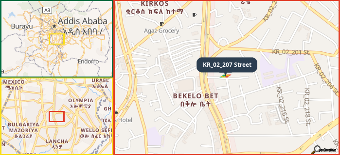 Map showing the address of KR_02_207 Street in three different zoom levels.