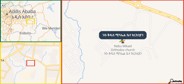 Map showing the address of ንቡ ቅዱስ ሚካኤል ቤተ ክርስቲያን in three different zoom levels.