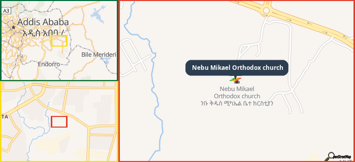 Map showing the address of Nebu Mikael Orthodox church in three different zoom levels.